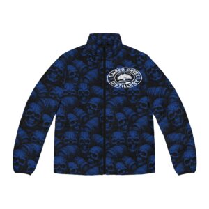 Blue skull and barrel puffer jacket