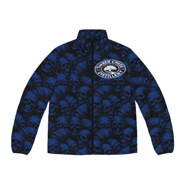 Blue skull and barrel puffer jacket