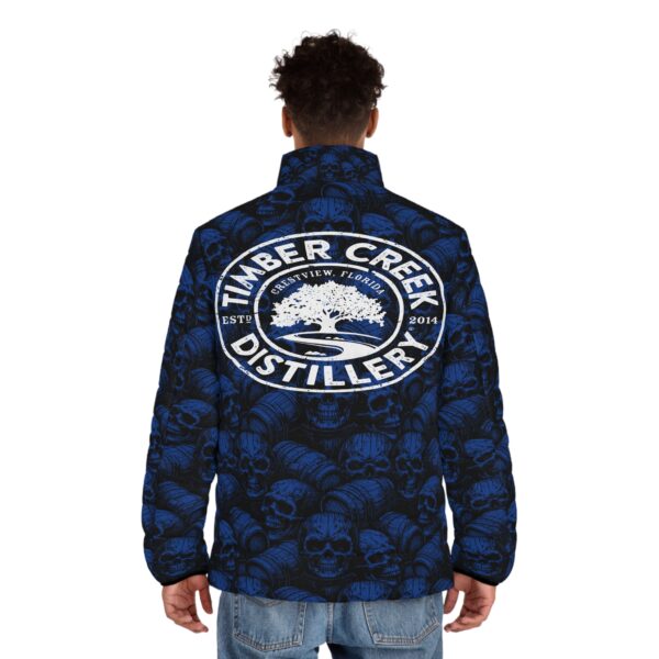 Blue skull and barrel puffer jacket