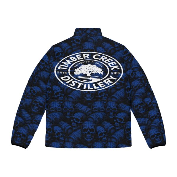Blue skull and barrel puffer jacket